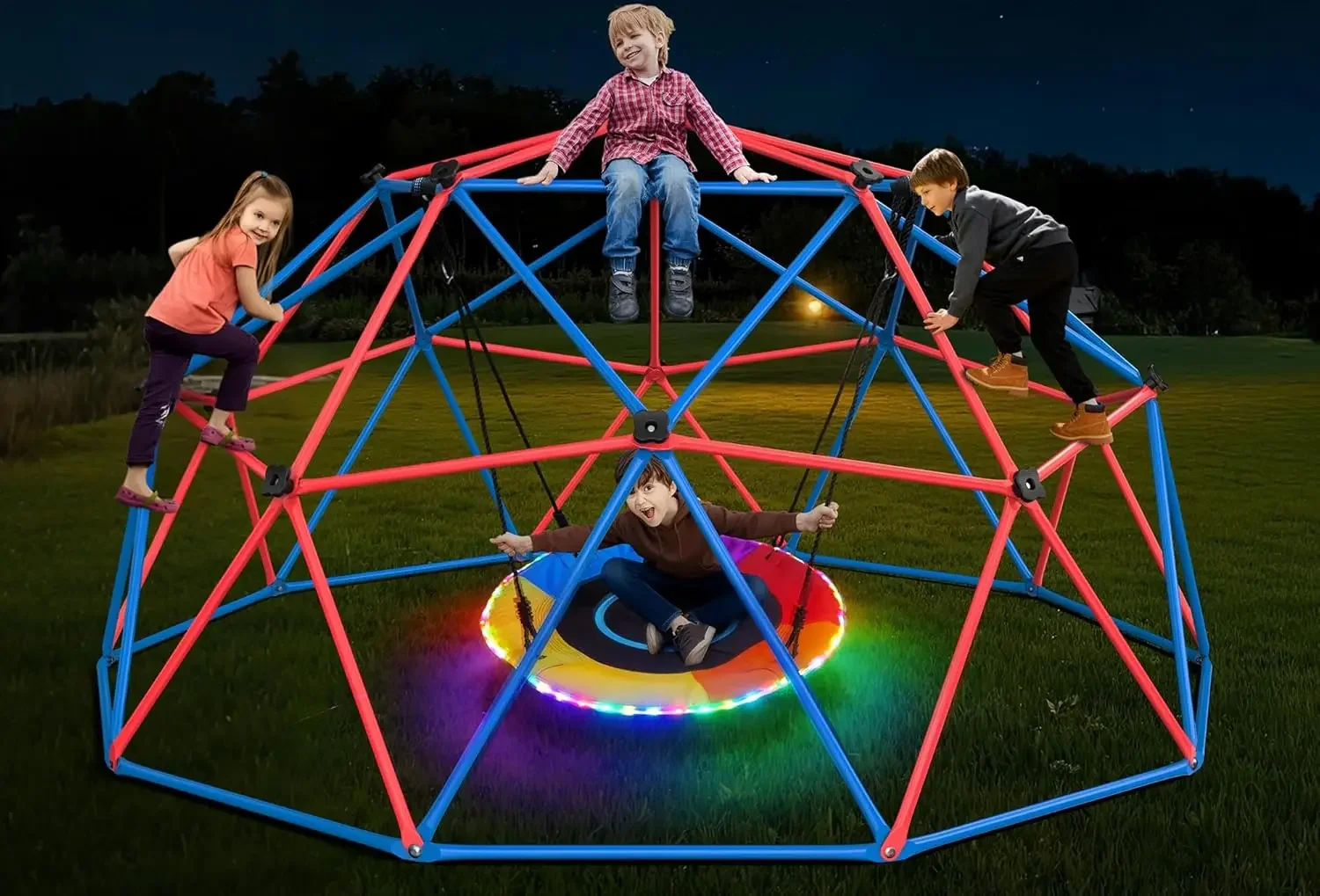 Kids Outdoor Climbing Dome - ชุดชิงช้าปีนป่าย Hapfan พร้อมชิงช้าทรงจานพร้อมไฟ LED, สนามเด็กเล่นกลางแจ้งสำหรับเด็ก, รองรับน้ำหนักได้ถึง