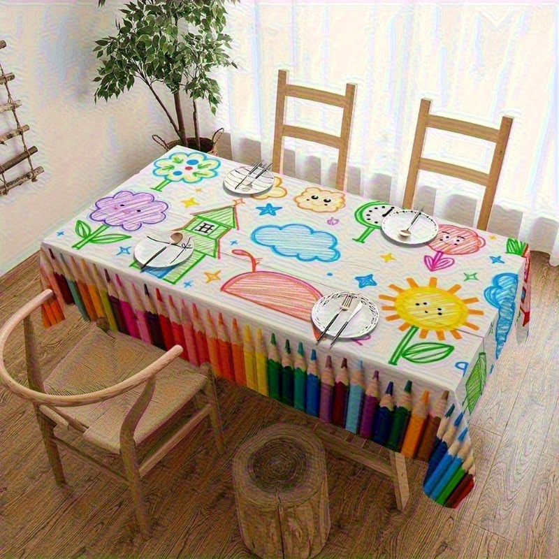 Kids Outdoor Dining Table - ผ้าปูโต๊ะลายการ์ตูนลายดินสอ 1 ชิ้น หลากสี สำหรับเด็ก ลายพิมพ์การวาดภาพ