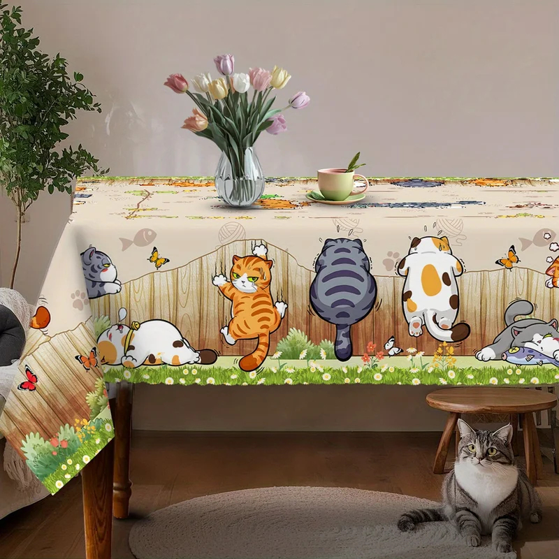 Kids Outdoor Dining Table - VIKAMA ผ้าปูโต๊ะลายการ์ตูนแมวสีเบจ ลายดอกไม้ ลูกแมวขี้เล่น กันน้ำ รูปทรงสี่เหลี่ยมผืนผ้า