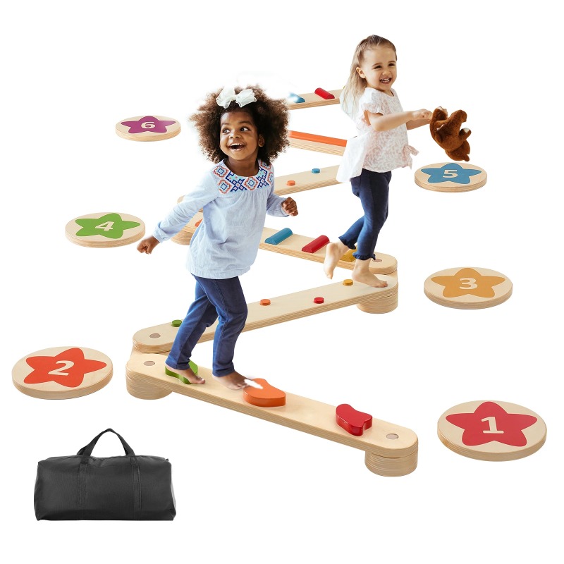 Kids Outdoor Balance Beam - แผ่นไม้ทรงตัว 6 ชิ้น สำหรับเด็กเล็ก ใช้ได้ทั้งในบ้านและนอกบ้าน ของเล่นเสริมพัฒนาการแบบมอนเตสซอรี่