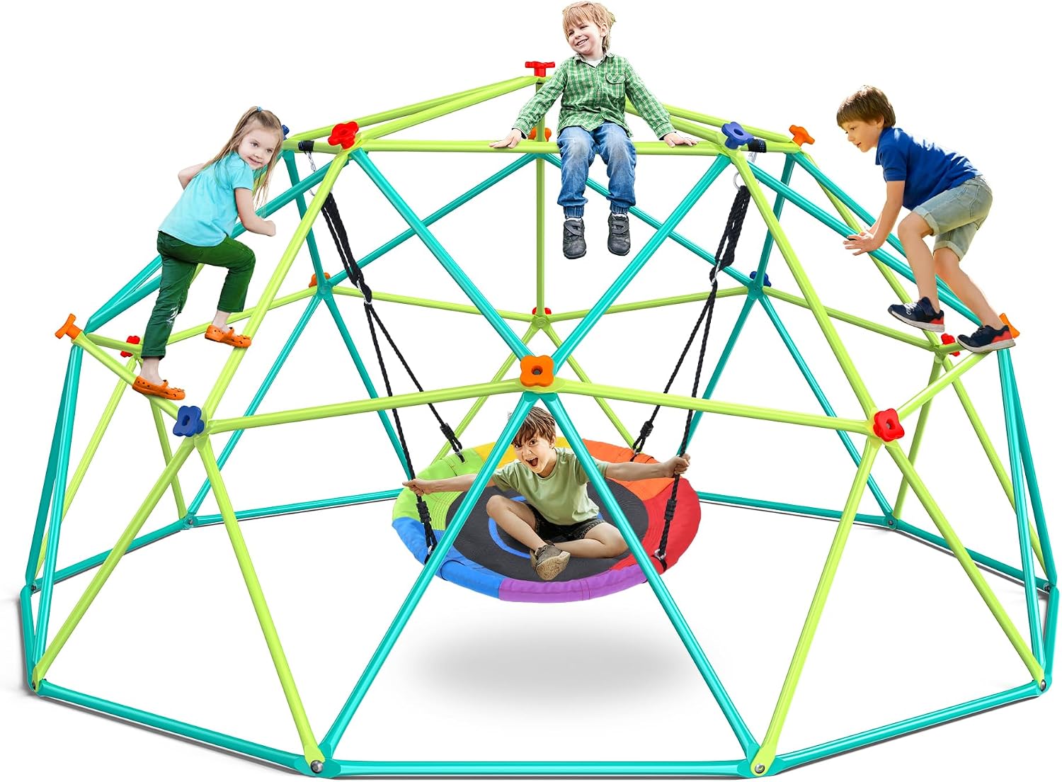 Kids Outdoor Swing Set - ชุดชิงช้าโดมปีนป่ายสูง 10 ฟุต พร้อมชิงช้าทรงจานสำหรับเด็กอายุ 3-12 ปี