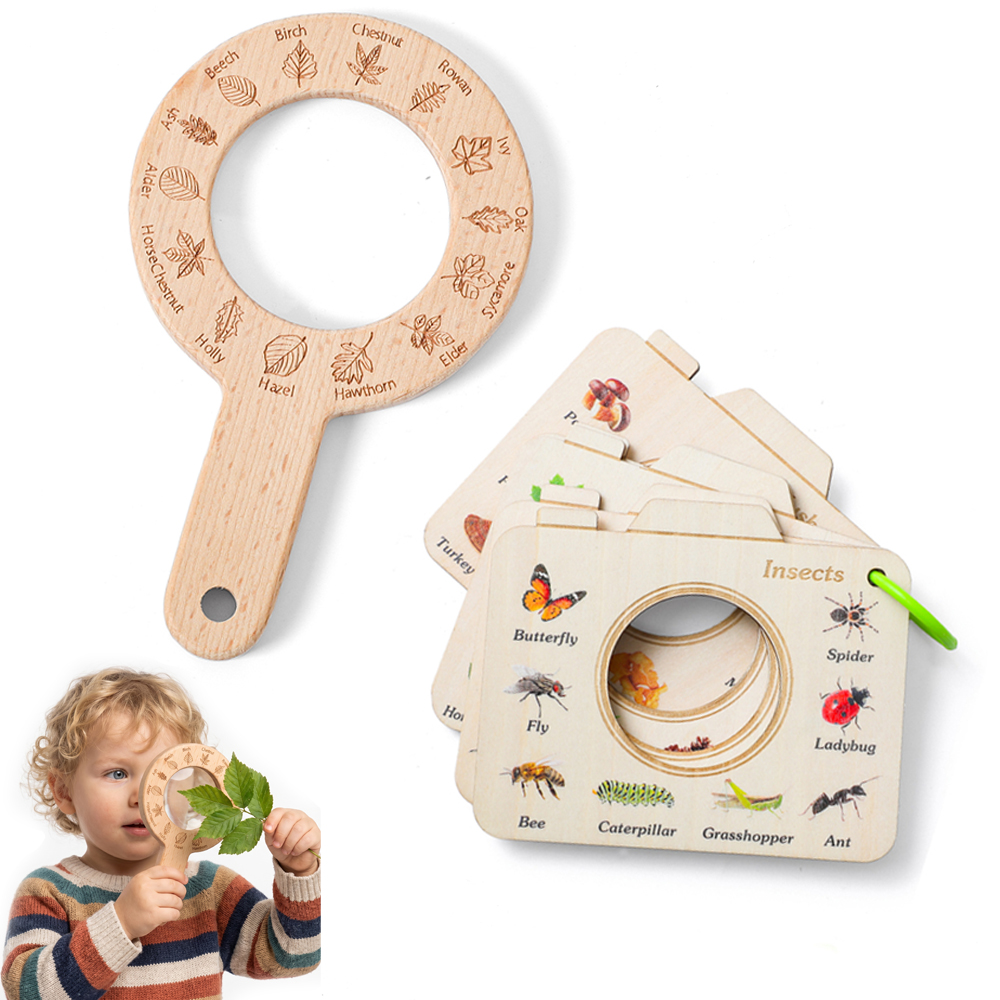Kids Outdoor Kit - ชุดหนังสือธรรมชาติรูปกล้องและแว่นขยายไม้สำหรับเด็ก เรียนรู้การรับรู้กลางแจ้ง 5 ธีม แมลง นก