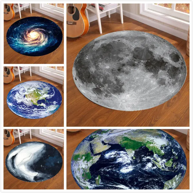 Kids Outdoor Mat - Galaxy Earth Moon พรมกลมสําหรับห้องเด็กพรมพรมตกแต่งบ้านห้องนั่งเล่น Anti-SLIP ห้องนอนพรมพรม