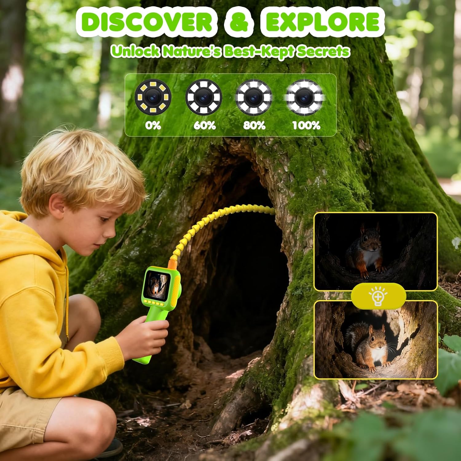 Kids Outdoor Kit - กล้องเอนโดสโคปสำหรับเด็ก, กล้องส่องตรวจแบบงูพร้อมไฟ, ของเล่นวิทยาศาสตร์ STEM เพื่อการศึกษาสำหรับการสำรวจธรรมชาติและการตั้งแคมป์กลางแจ้ง