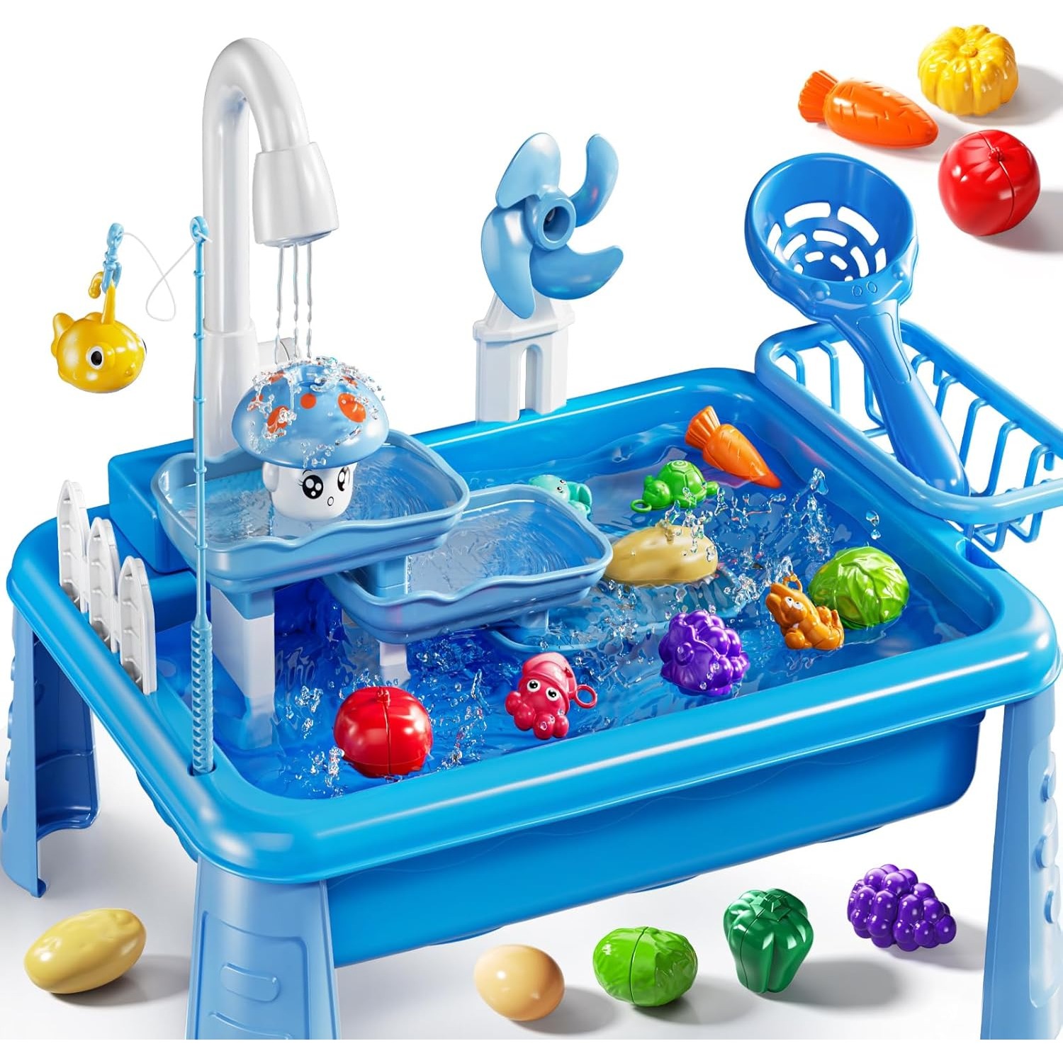 Kids Outdoor Kitchen - โต๊ะเล่นน้ำสำหรับเด็ก พร้อมอ่างล้างจาน ของเล่นครัวกลางแจ้ง น้ำไหลได้ เกมตกปลา ของเล่นน้ำสำหรับเด็กเล็ก